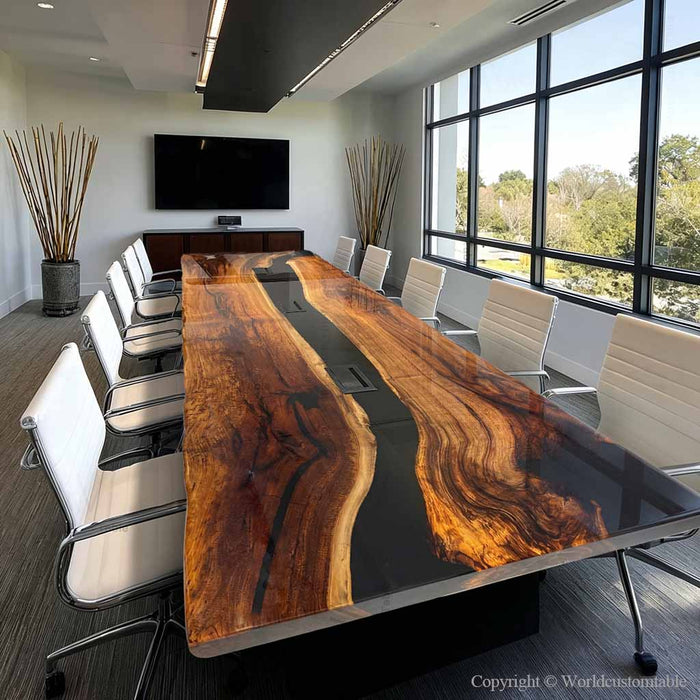 Black resin and walnut meeting table placed in a corporate interior environment