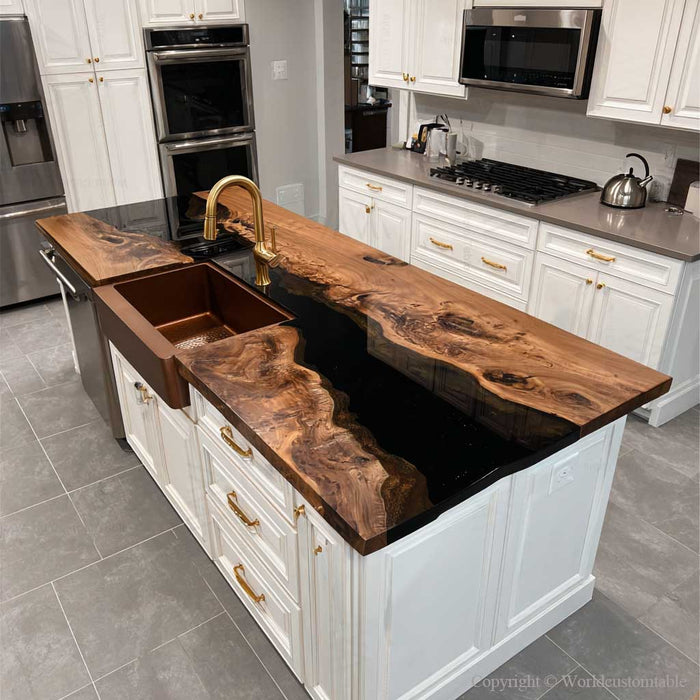 Custom black walnut epoxy resin kitchen countertop with natural live edge, one-of-a-kind modern kitchen island