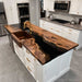 Custom black walnut epoxy resin kitchen countertop with natural live edge, one-of-a-kind modern kitchen island