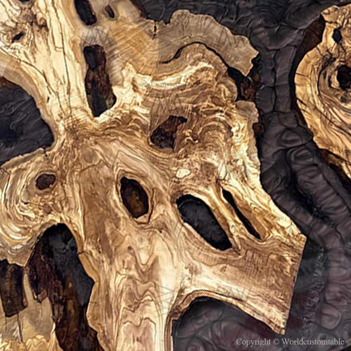 Live edge olive wood table with black swirl resin in loft setting