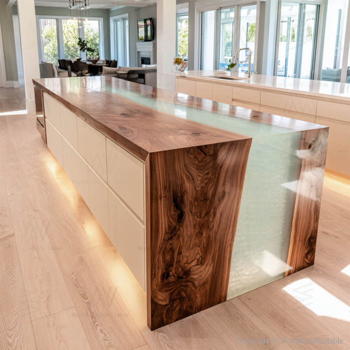 Black walnut aqua epoxy waterfall table in a dining room setting