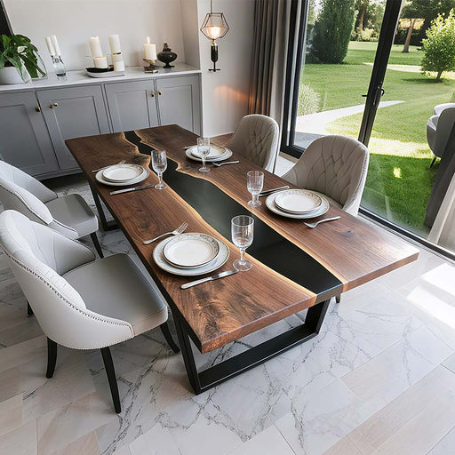 Black walnut and black epoxy dining table with straight edge design