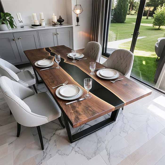 Black walnut and black epoxy dining table with straight edge design