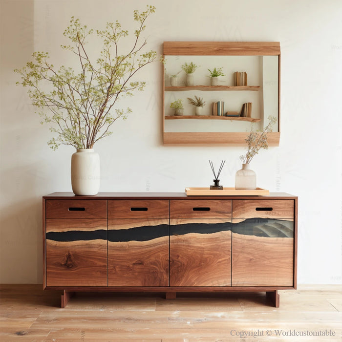 Black walnut black epoxy drawer cabinet front view showing flowing resin and walnut grain