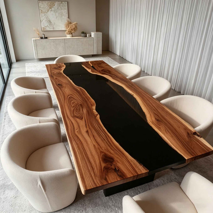 Luxury black walnut black epoxy resin river dining table with live edge design