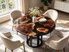 Round black resin walnut coffee table with glossy epoxy finish and contemporary dining room style