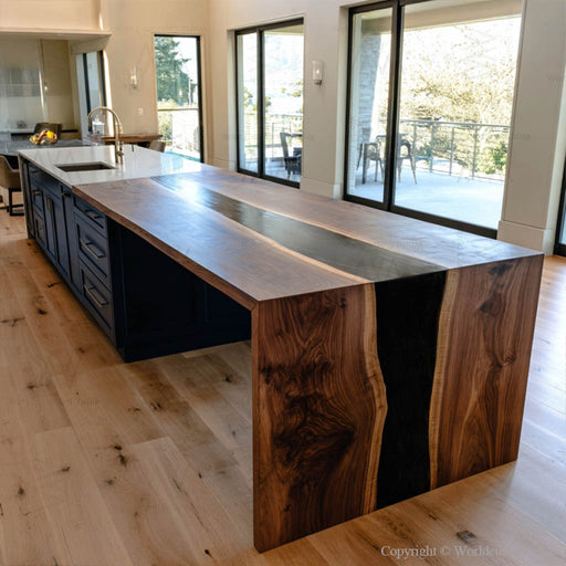 Black walnut black epoxy waterfall table in a dining room setting