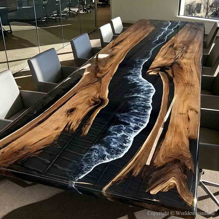 Luxury black walnut conference table featuring handcrafted black ocean wave epoxy resin and live edge wood design.