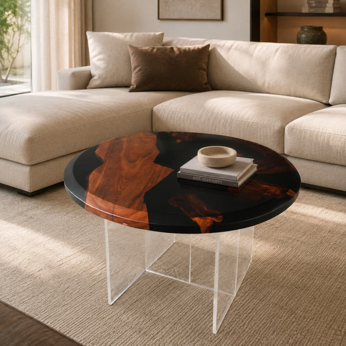 Black walnut coffee table featuring deep black epoxy resin