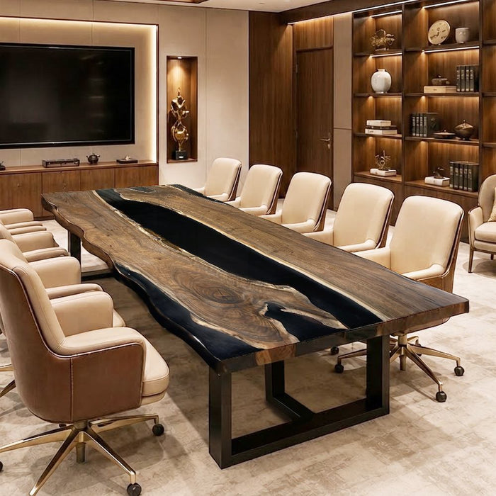 black walnut conference table featuring bold black epoxy resin