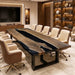 black walnut conference table featuring bold black epoxy resin