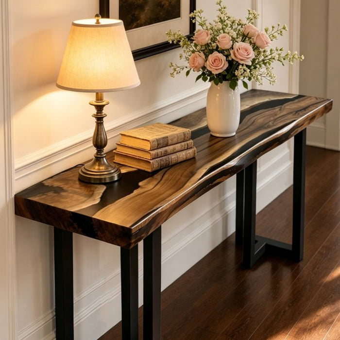 black walnut console table featuring bold black epoxy resin