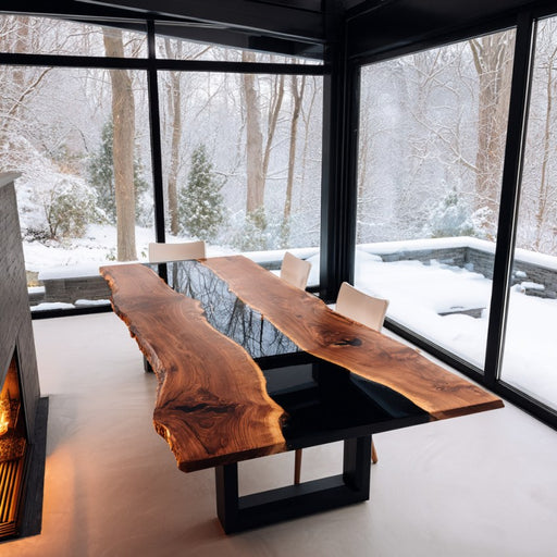 A modern square dining table crafted from black walnut wood with a deep black resin center for a bold, elegant look.