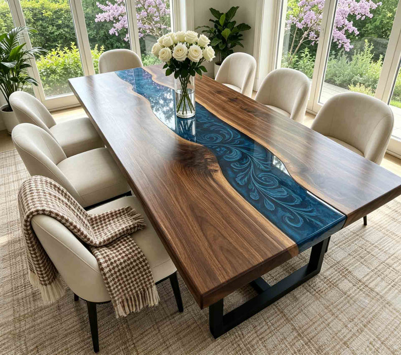 Black walnut blue resin epoxy dining table in modern luxury home interior