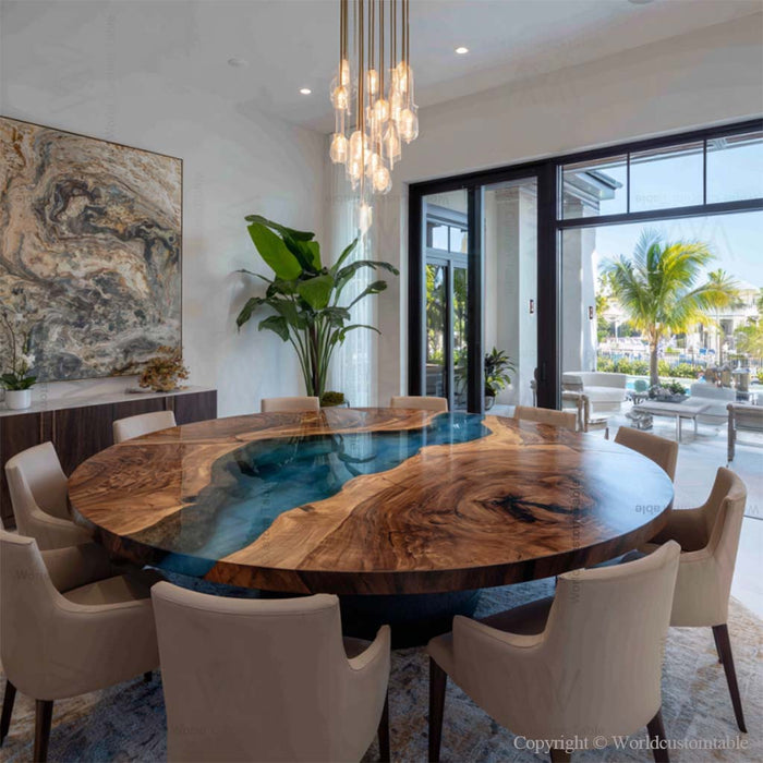 Round black walnut blue epoxy dining table in modern dining room