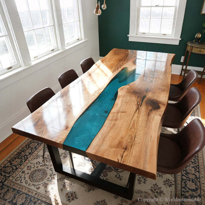 Black walnut epoxy dinning table with translucent blue resin in a modern dining room