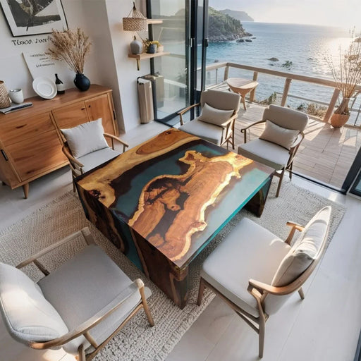 Modern living room with a large wooden table and chairs, overlooking a scenic ocean view.