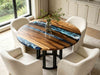 Epoxy resin river table crafted from black walnut wood with high-gloss blue resin finish