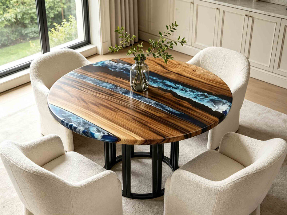 Epoxy resin river table crafted from black walnut wood with high-gloss blue resin finish