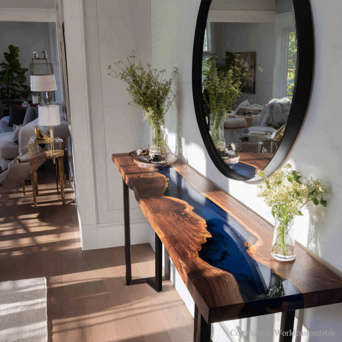 Black walnut blue resin epoxy console table in a modern entryway