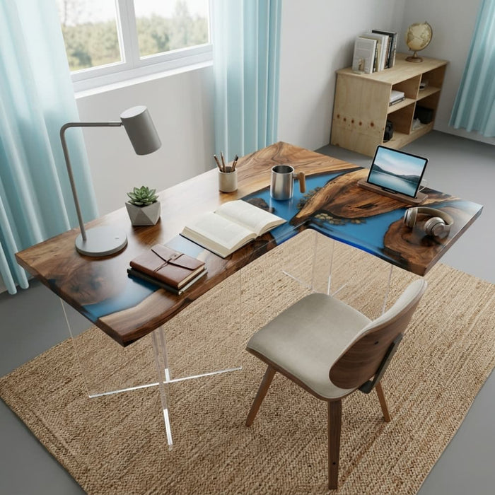 Black walnut blue resin L shaped desk for a home office