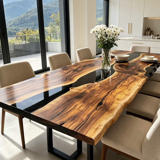 Black walnut live edge dining table with blue epoxy resin river