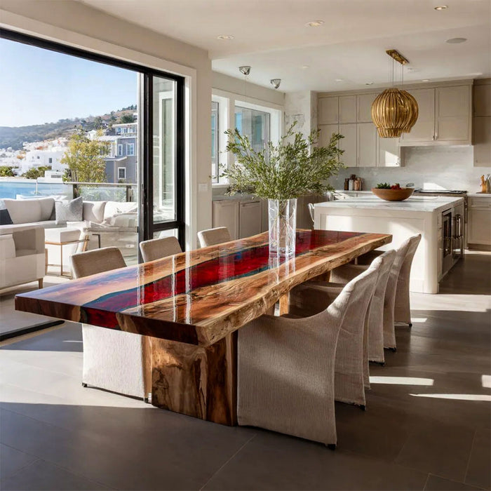 Black walnut dining table with burgundy red resin river