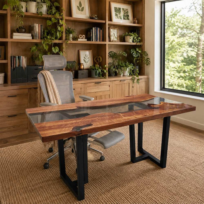 black walnut dining table with crystal clear epoxy resin