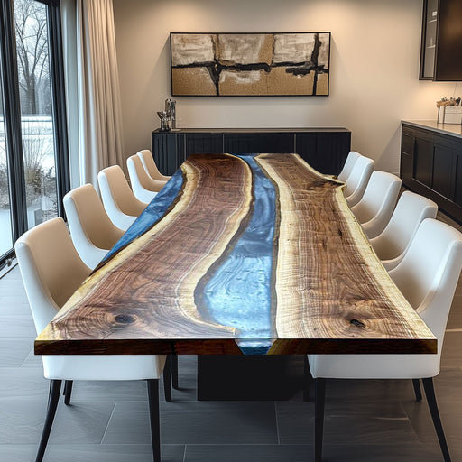 Epoxy river table with blue resin flowing through live-edge black walnut wood