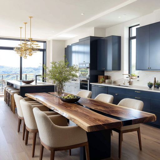 Black walnut dining table featuring a striking resin river centerpiece.