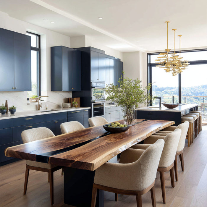 Black walnut dining table featuring a striking resin river centerpiece.