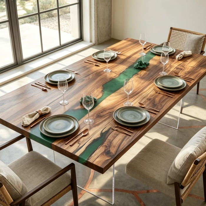 Black walnut emerald green epoxy dining table with natural wood grain