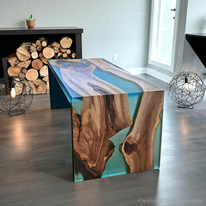 Black walnut emerald green epoxy waterfall table