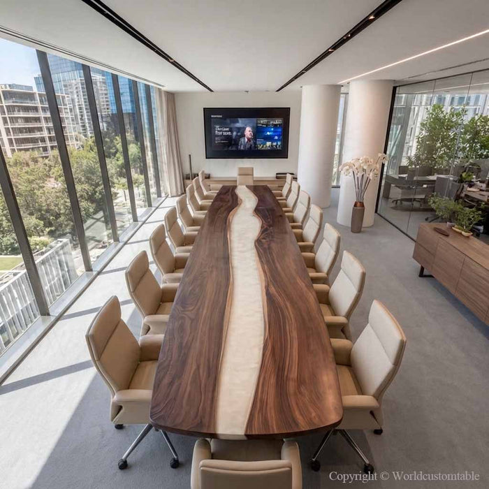 Black walnut epoxy conference table with flowing white resin in modern boardroom