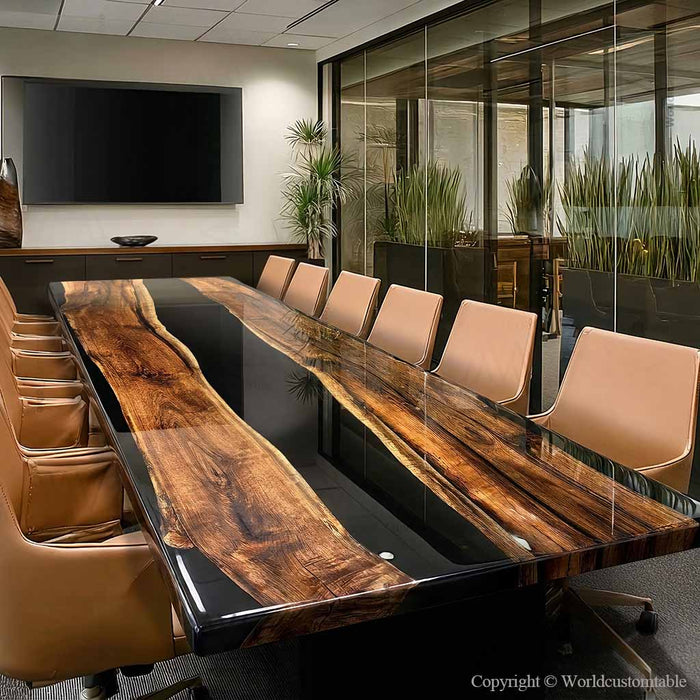 Black walnut epoxy conference table in modern executive boardroom