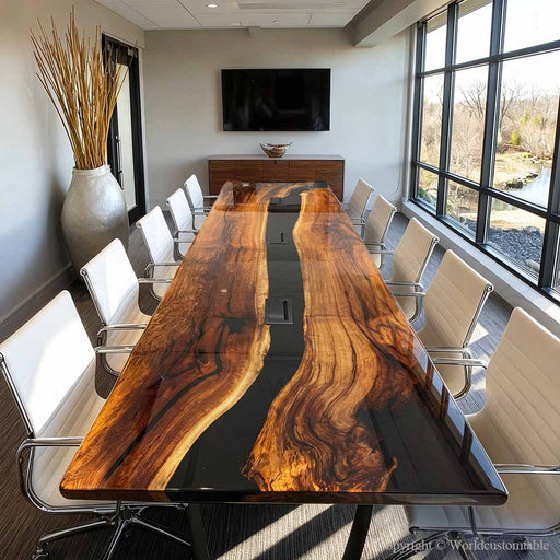 Black walnut epoxy conference table in a modern executive boardroom setting