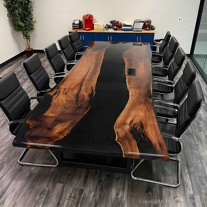 Black walnut live edge epoxy conference table with black resin design for executive office meeting room
