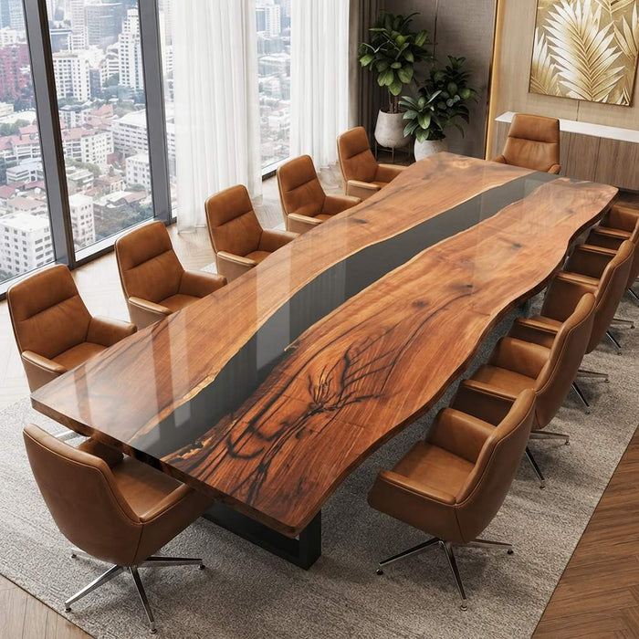 Black walnut epoxy conference table with deep black resin