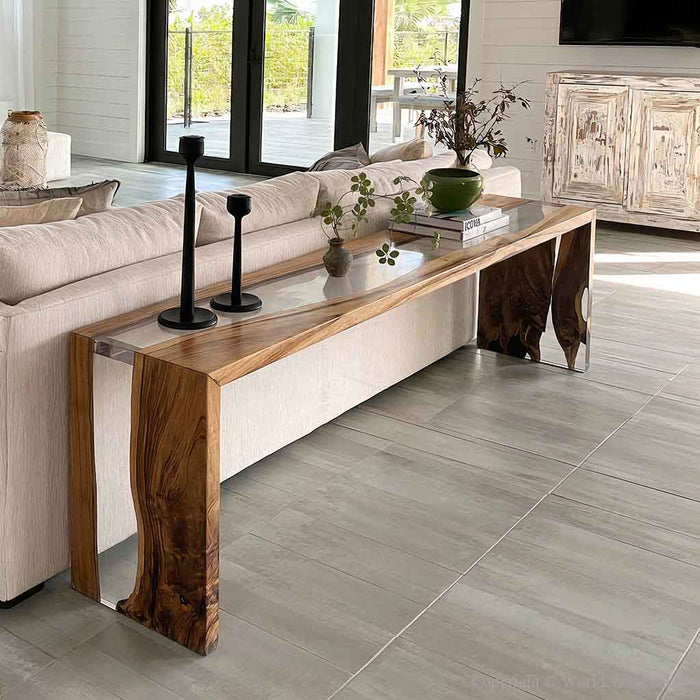 84 inch black walnut epoxy console table with waterfall legs in modern entryway