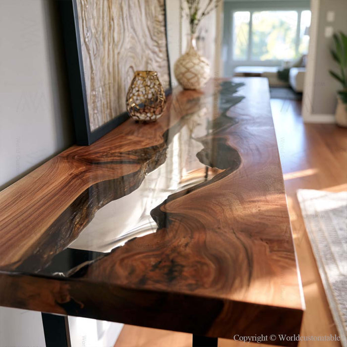 Epoxy console table decorated with vase and lamp in modern entryway