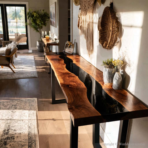 Solid black walnut epoxy console table in entryway with black resin