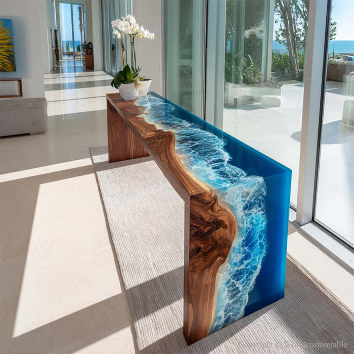 Black walnut epoxy console table for luxury entryway décor