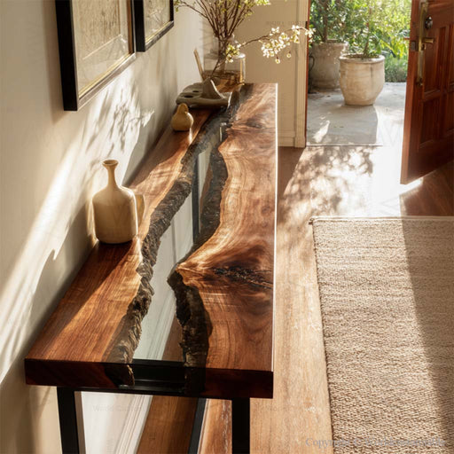 Front view of black walnut epoxy console table with clear resin top