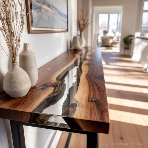 Side angle showing the natural wood grain and epoxy design of the console table