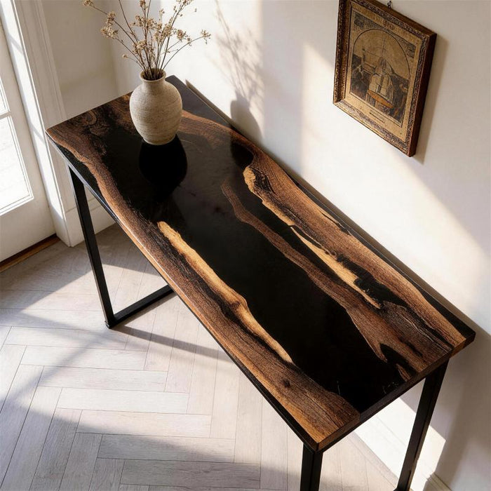 Black walnut epoxy console table with black resin