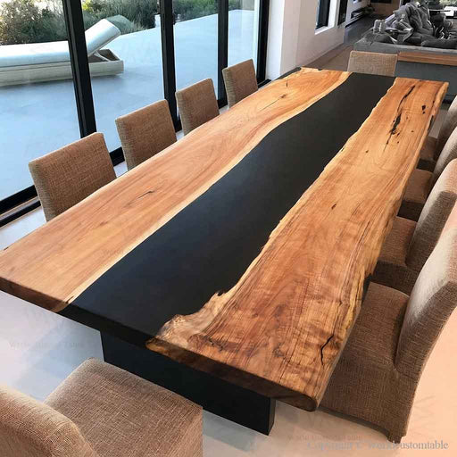 Black walnut live edge epoxy dining table with black resin in modern dining room