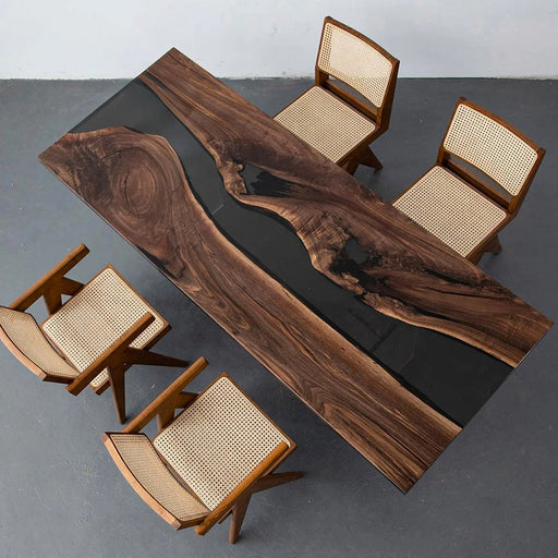 Black walnut epoxy dining table with minimalist modern design
