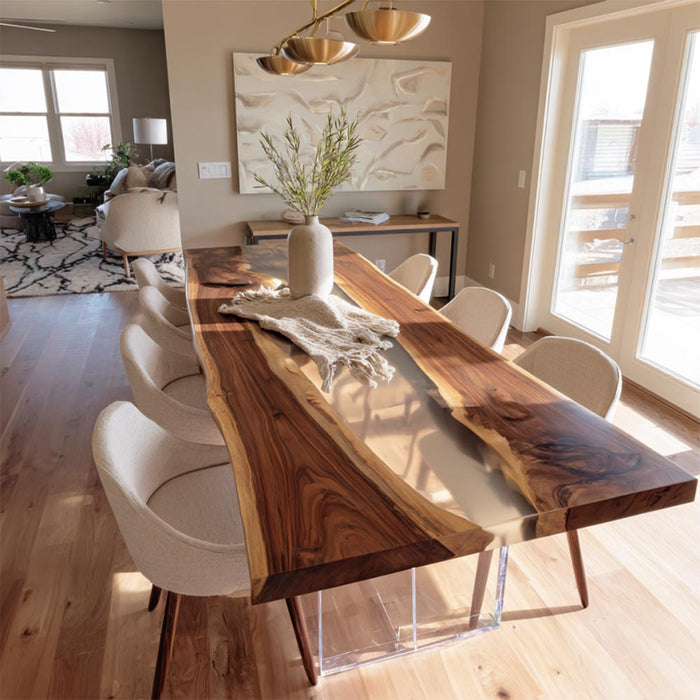 square wooden clear epoxy table for modern dinning spaces in florida