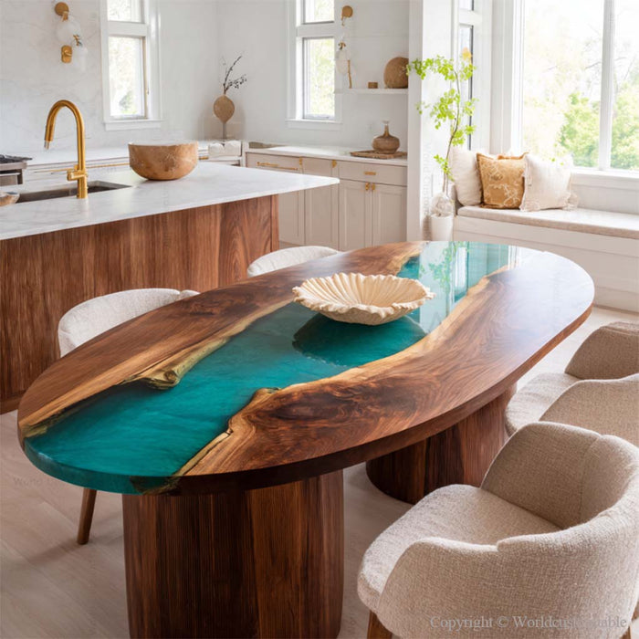 Black Walnut epoxy dining table with vibrant teal resin river