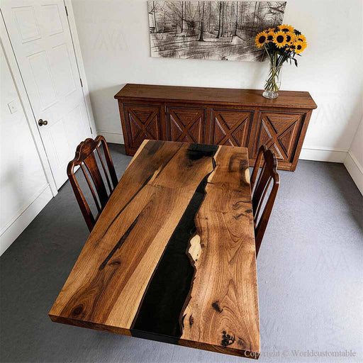 Black walnut epoxy dinning table in modern dinning room